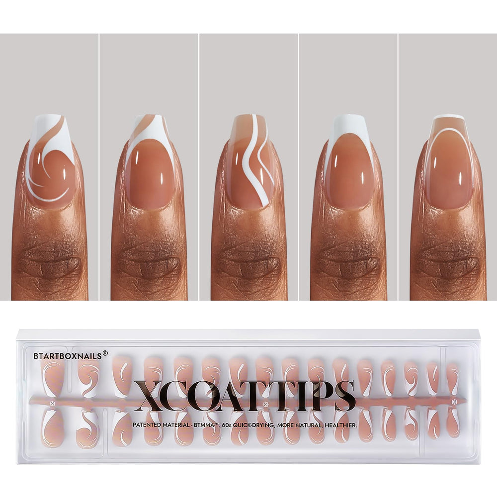 BTArtbox French Tip press-on nails with swirl styles for quick salon-style art