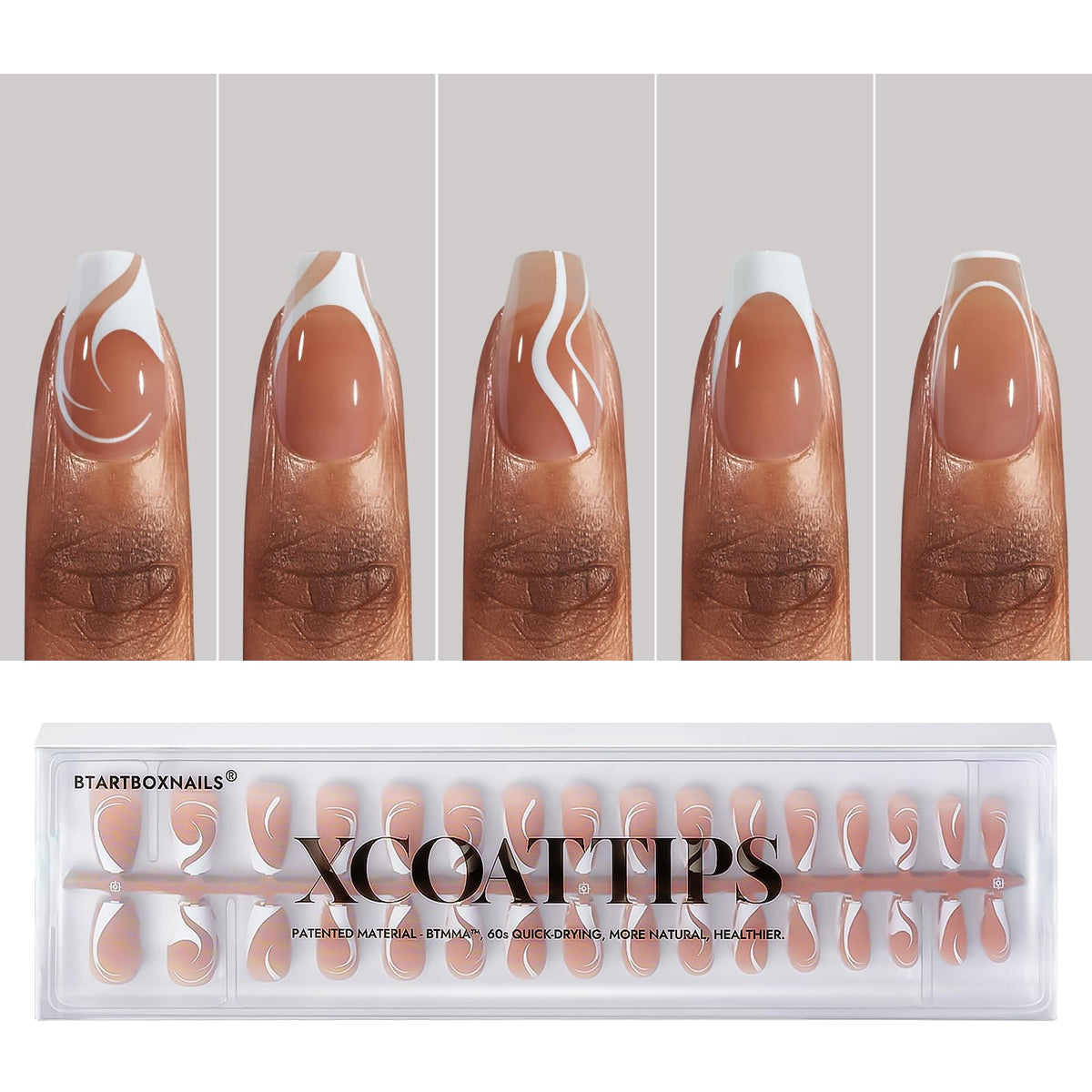 BTArtbox French Tip press-on nails with swirl styles for quick salon-style art