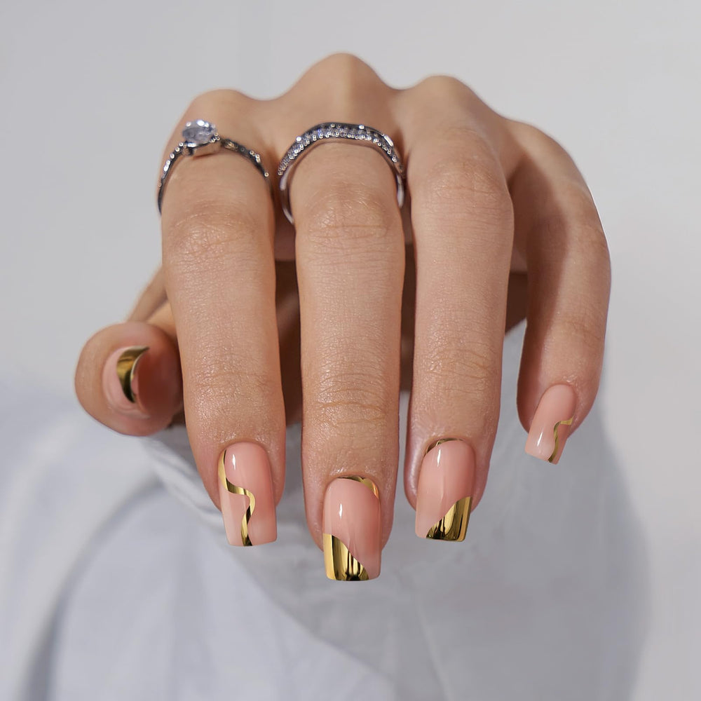 BTArtbox gold leaf press-on nails close-up with salon-like shine