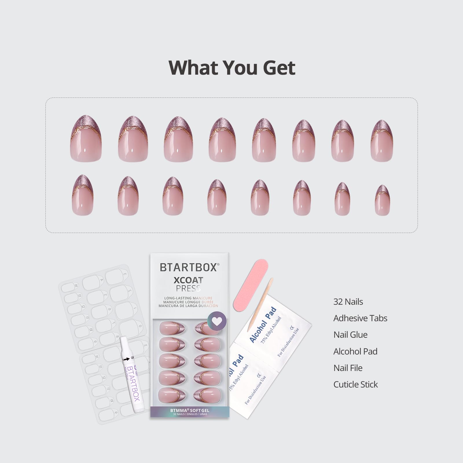 BTArtbox Nail kit includes glue, tabs, file, pads for DIY manicure.