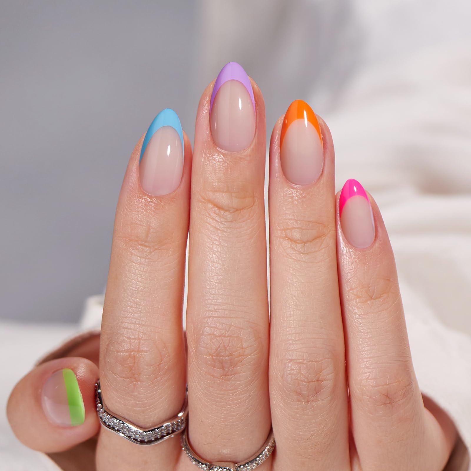 BTArtbox neon rainbow press-on nails closeup showing vibrant color for statement looks.