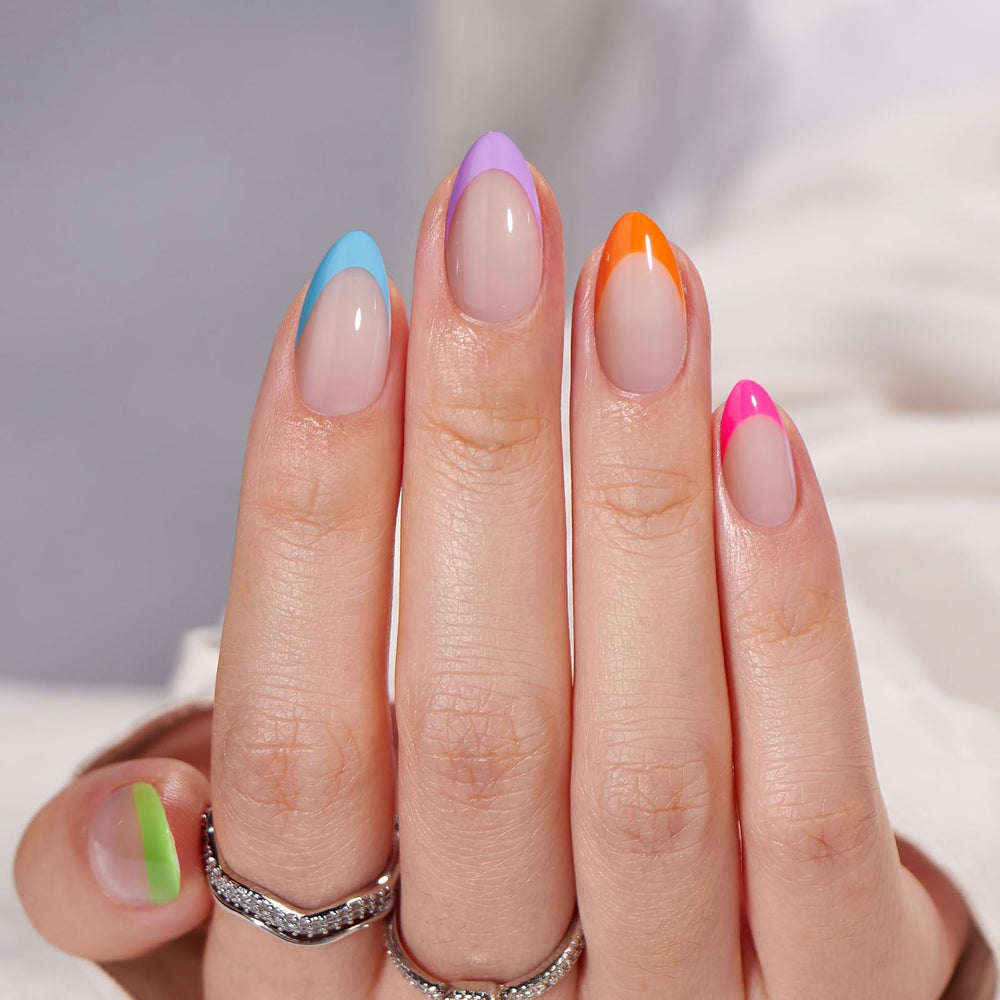 BTArtbox neon rainbow press-on nails closeup showing vibrant color for statement looks.