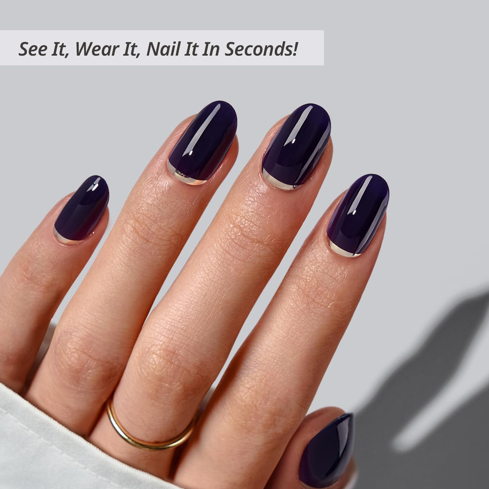 BTArtbox oval nails dark blue foil closeup shows metallic finish