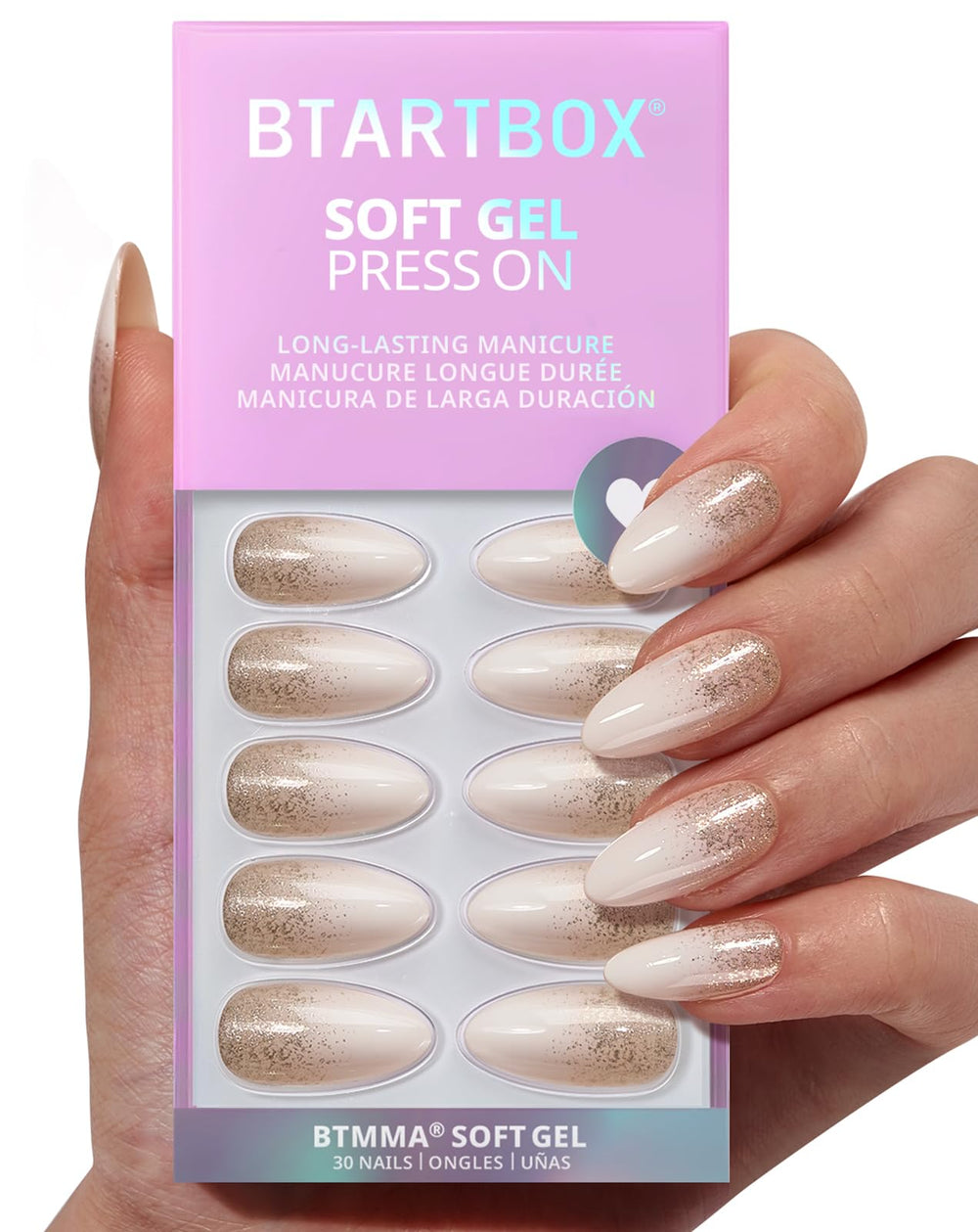 BTArtbox press-on nails almond champagne frost closeup highlights luxe sparkle for party-ready nails.