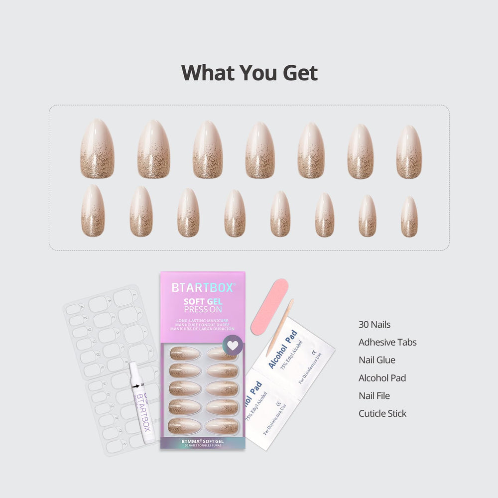 BTArtbox almond champagne frost nails kit contents including glue and file ready for fast styling.