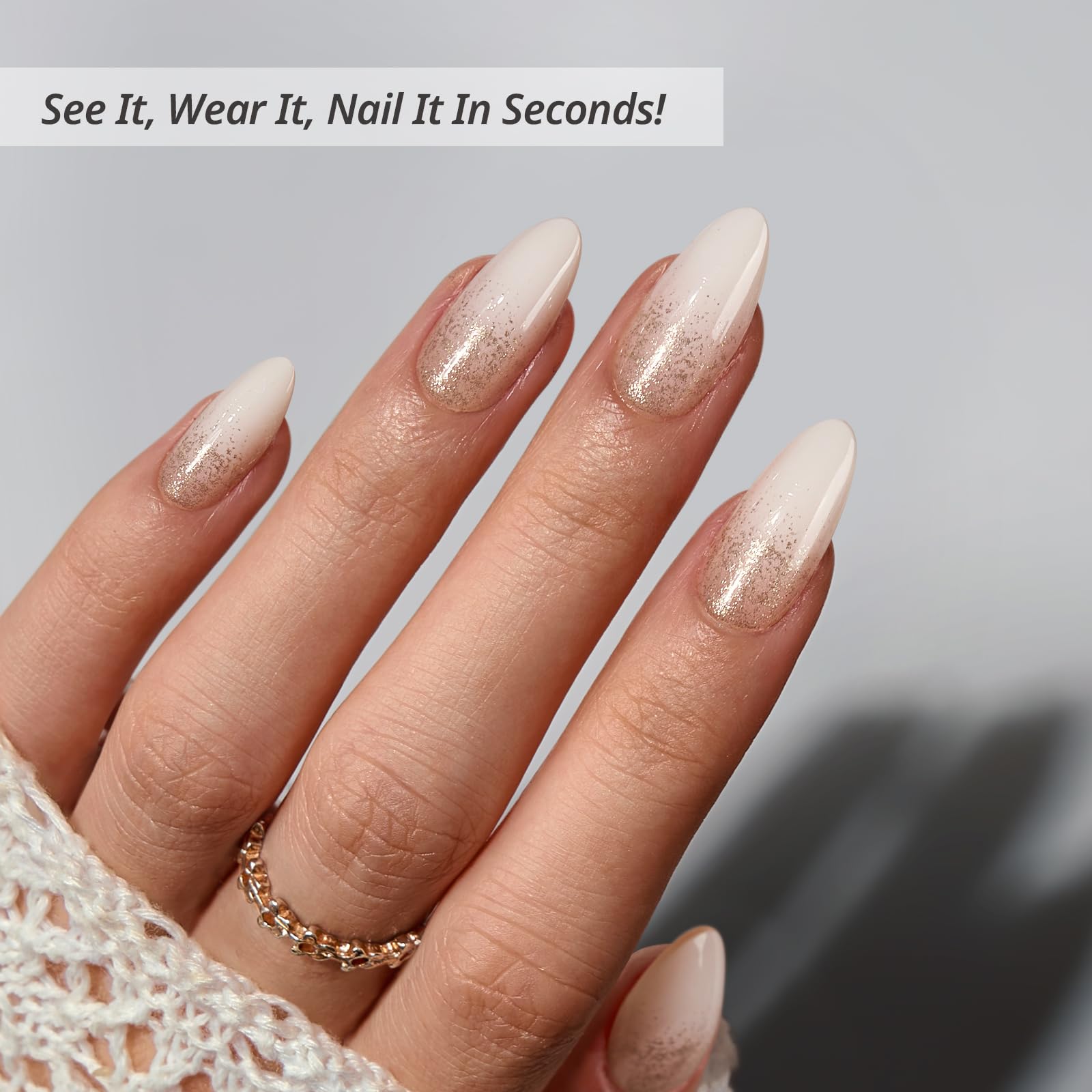 BTArtbox press-on nails almond champagne frost kit-included image shows complete manicure setup for easy DIY.