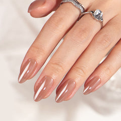 BTArtbox press-on nails almond chocolate glazed closeup showing glossy chrome finish for sleek nails.