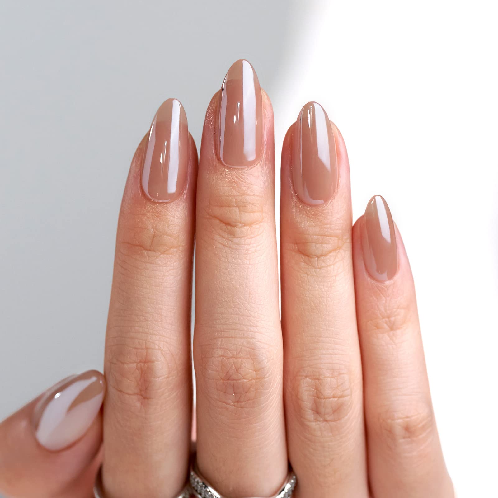 BTArtbox almond medium-fit flexible press-on nails highlighting comfortable wear and natural look.