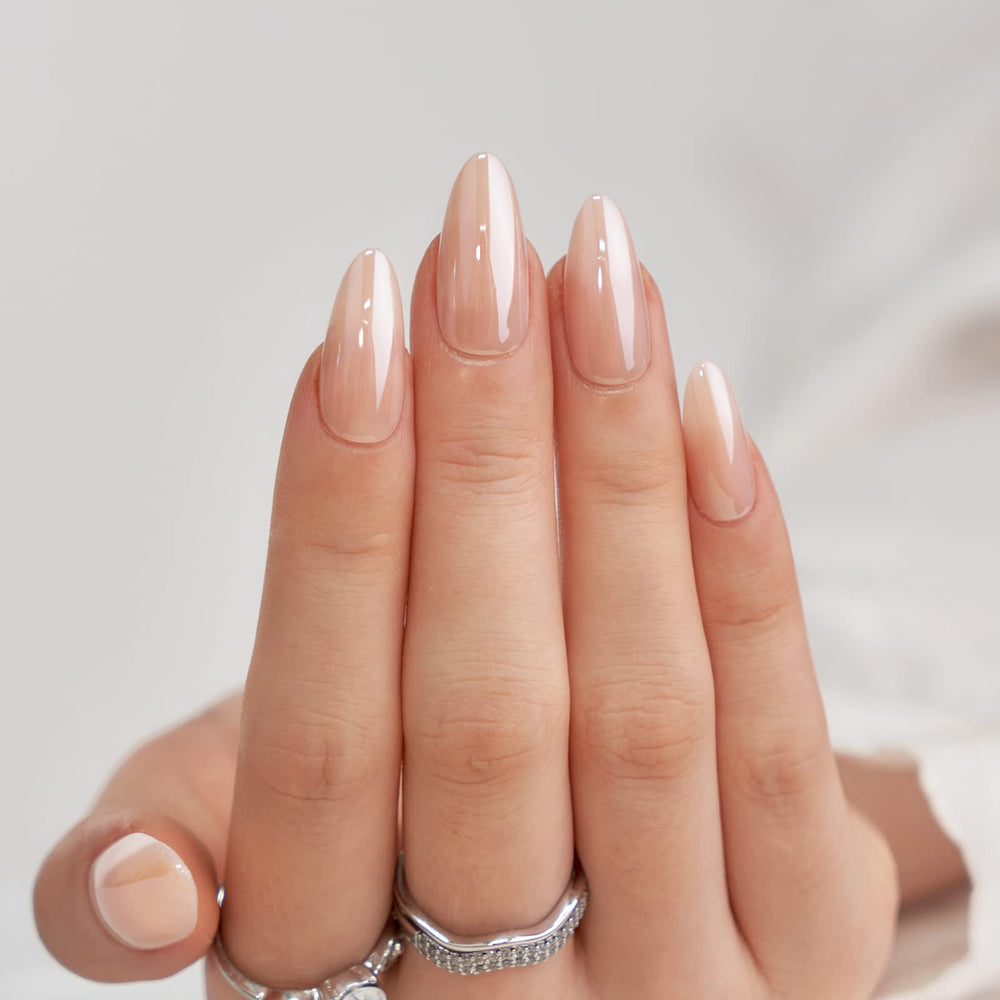 BTArtbox almond chrome nails demonstrating a seamless cuticle line for natural-feel wear.