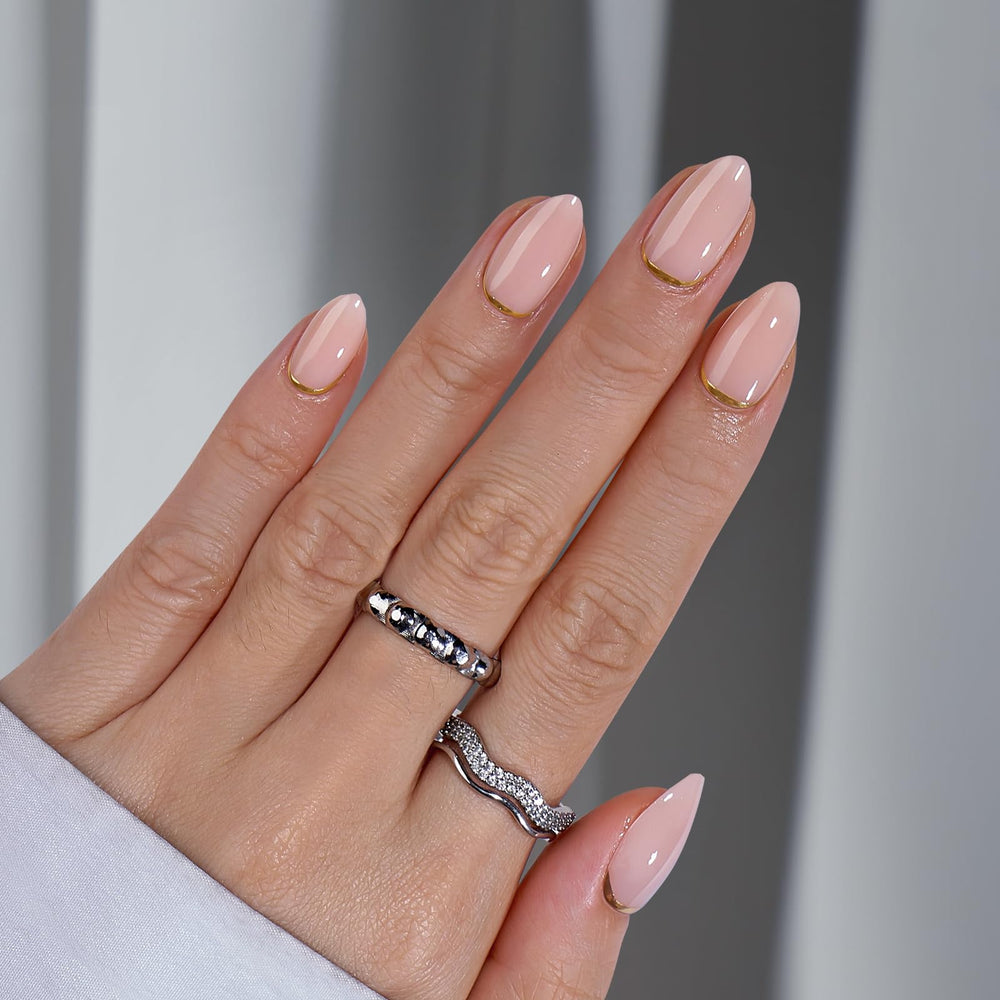 BTArtbox press-on nails almond short gold foil natural-nude base discreet chic.