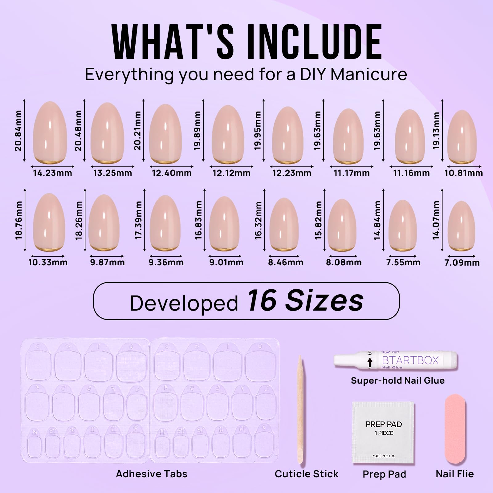 BTArtbox press-on nails almond short gold foil swatch shows semi-transparent nude base glow.