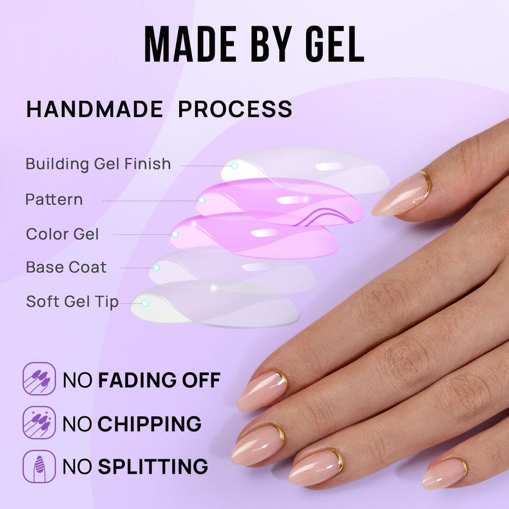 BTArtbox press-on nails almond short gold foil top-coat yields glossy lasting shine.