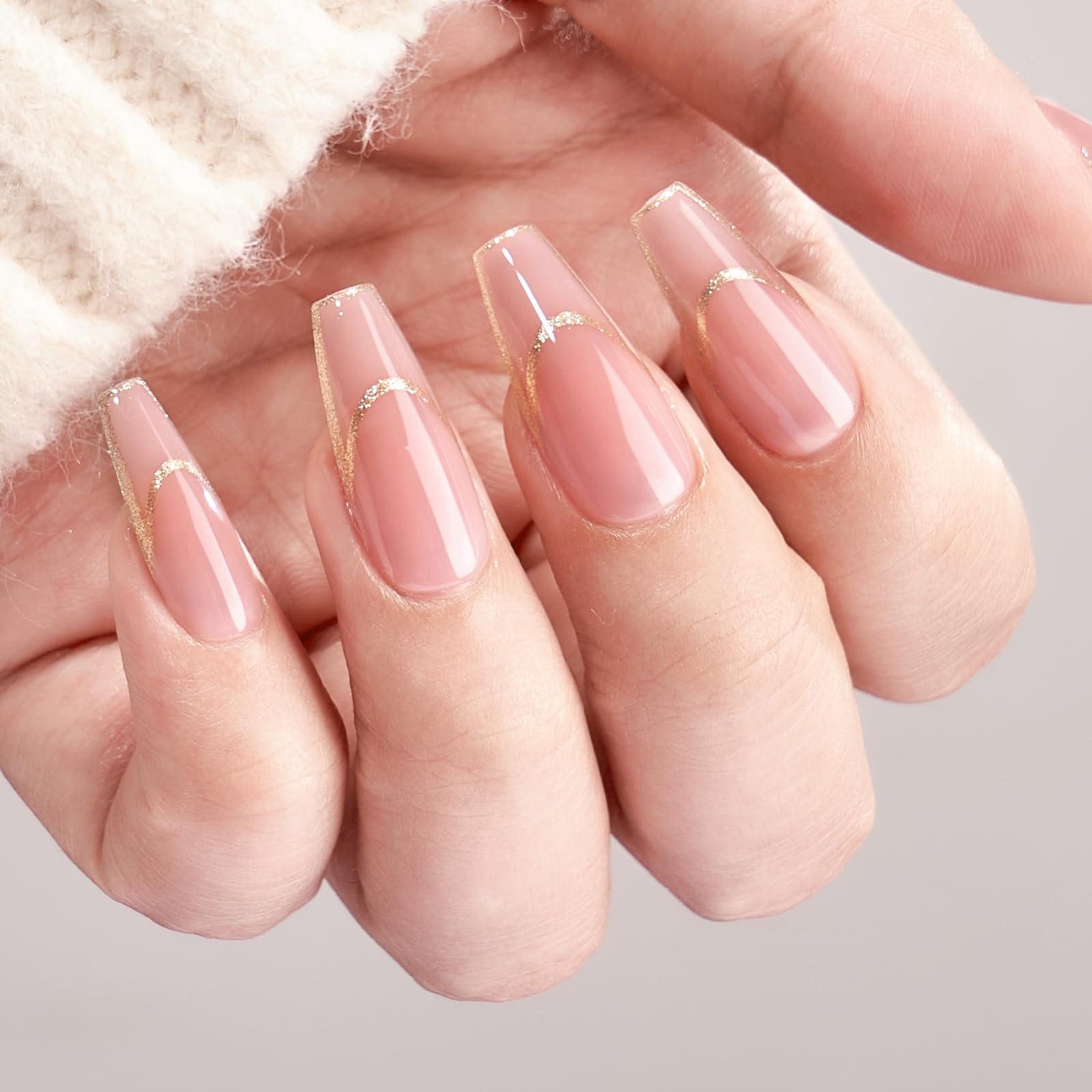 BTArtbox press-on nails long gilded French tip model wear highlights luxe finish.