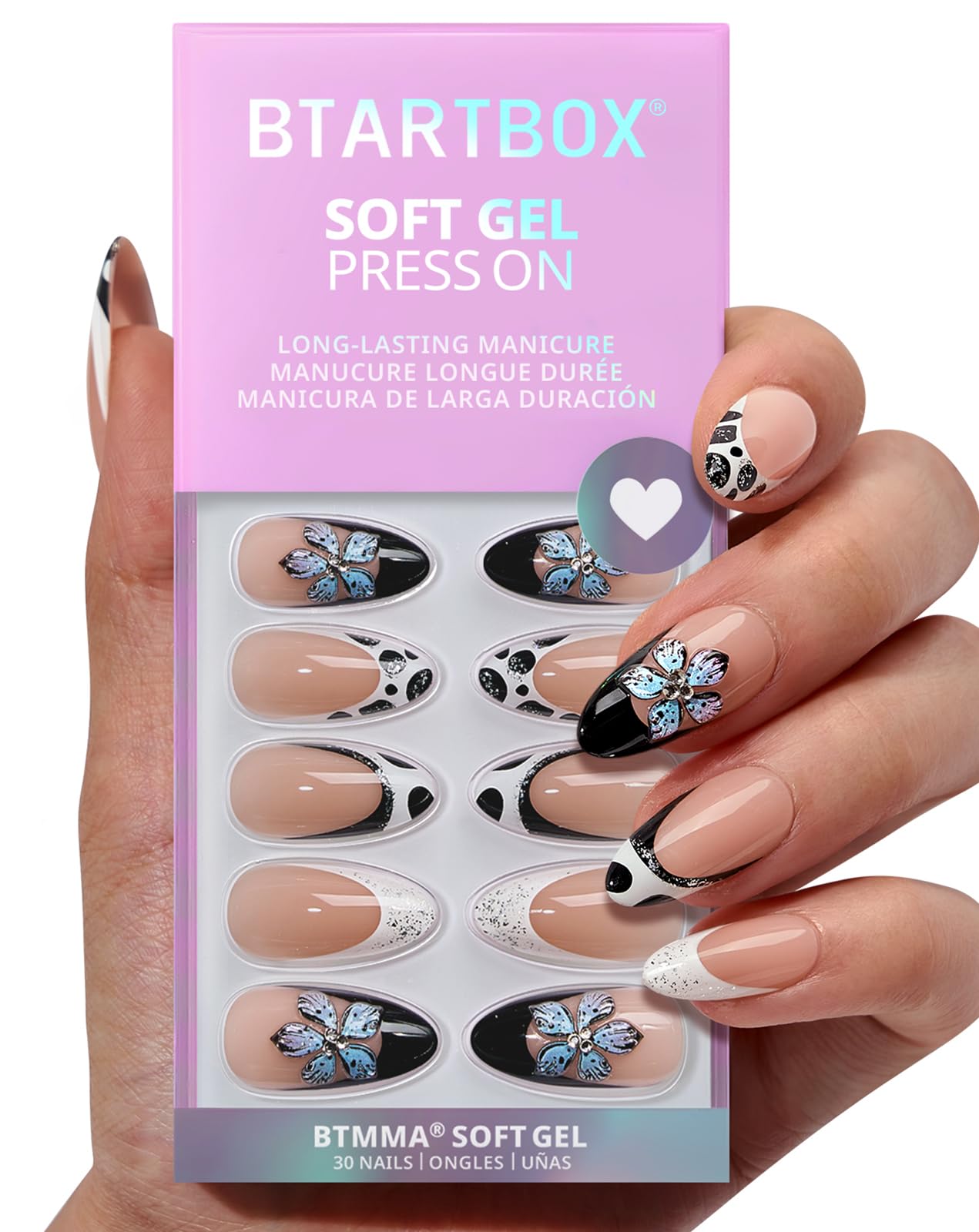 BTArtbox Press On Nails Medium with 3D flower almond tips deliver elegant, salon-like results.