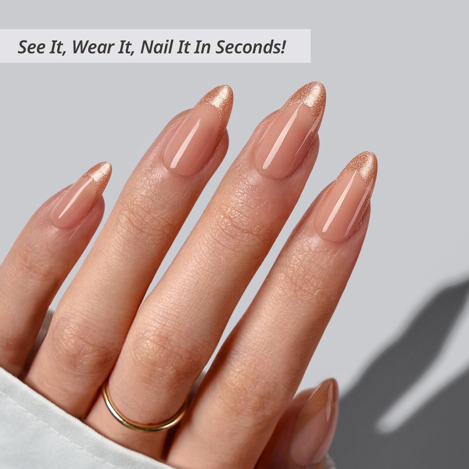 BTArtbox press on nails medium almond-spakly french tip sparkling detail for events