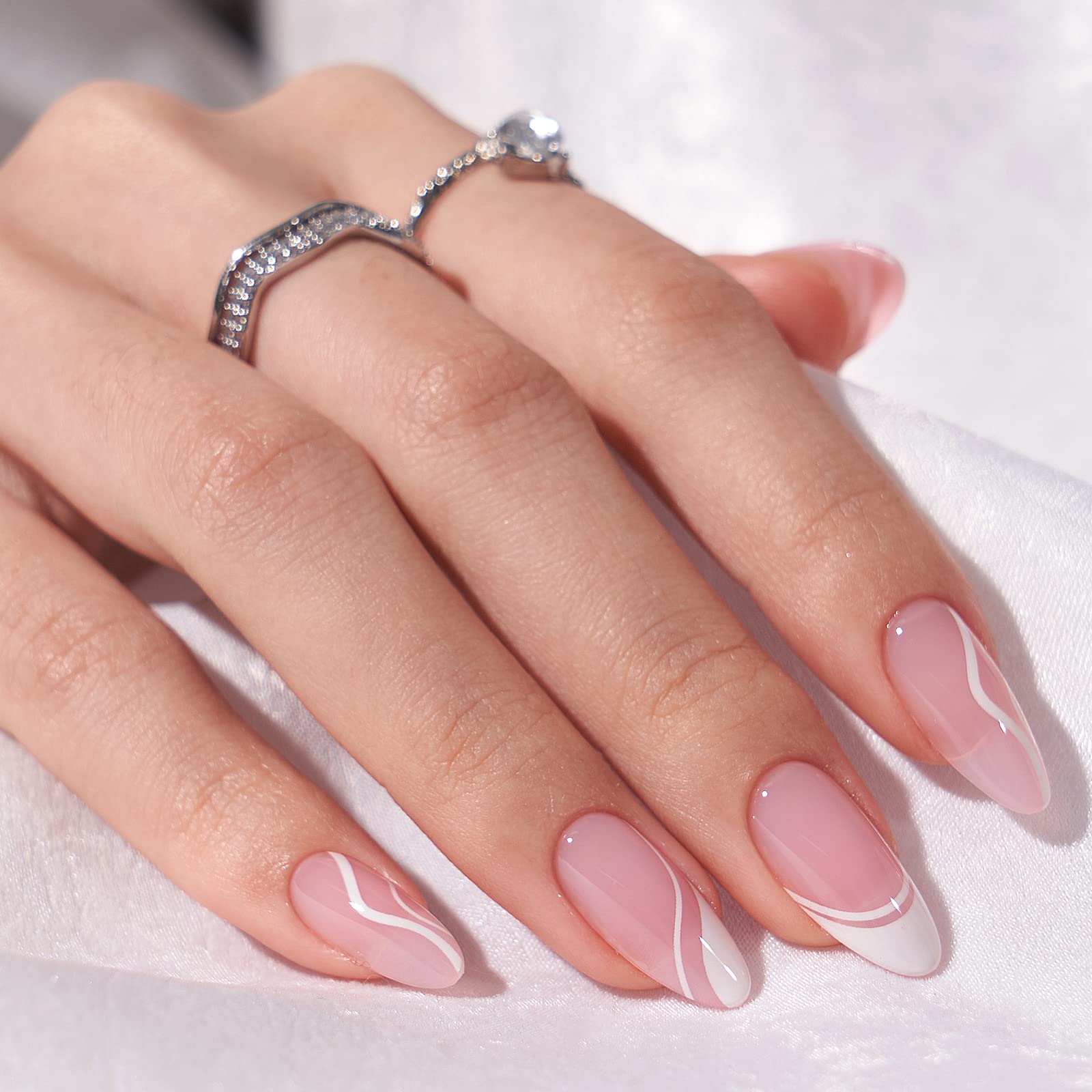 BTArtbox Press On Nails Medium with soft gel French tip in white swirl for salon-like nails