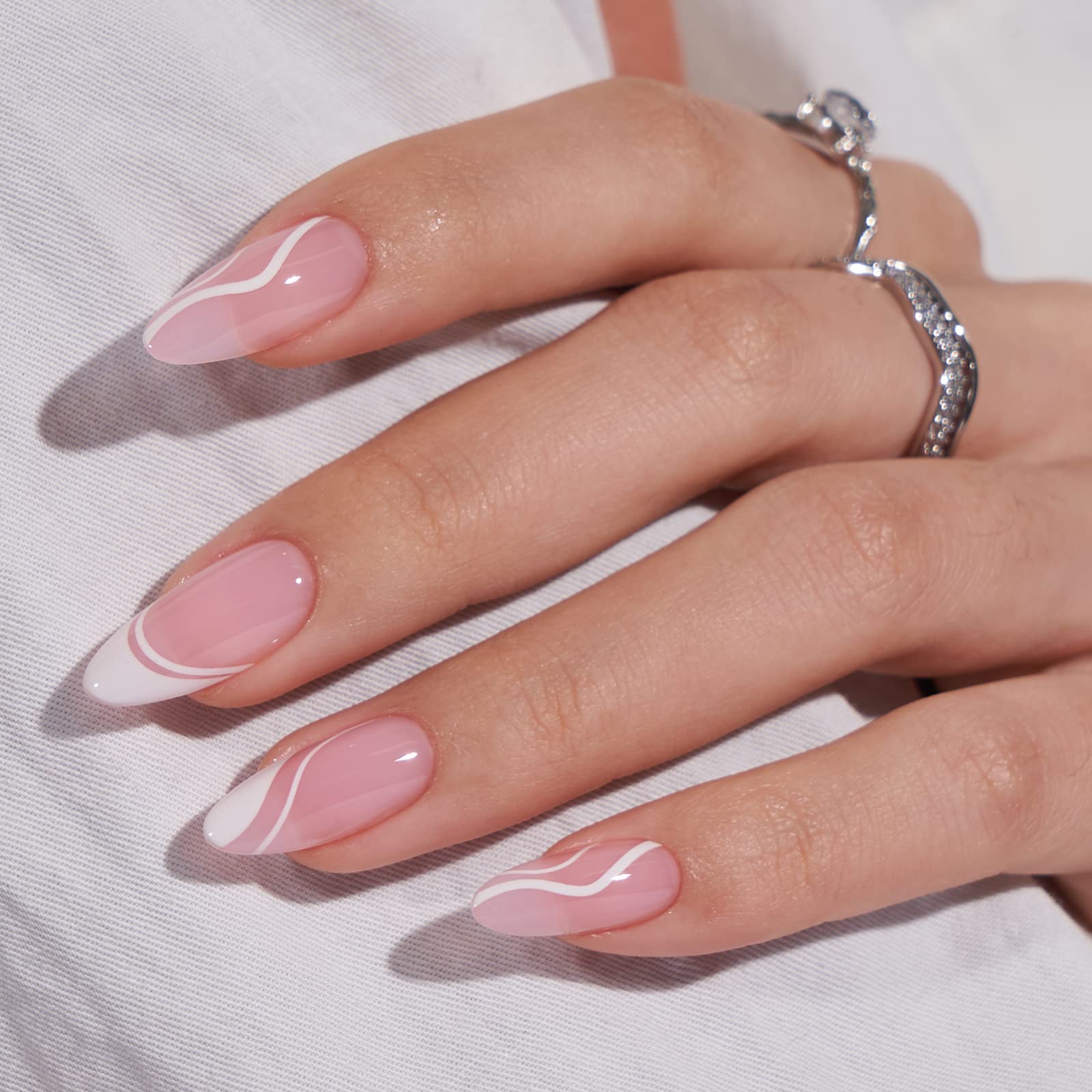 BTArtbox press-on nails medium soft gel almond swirl close-up