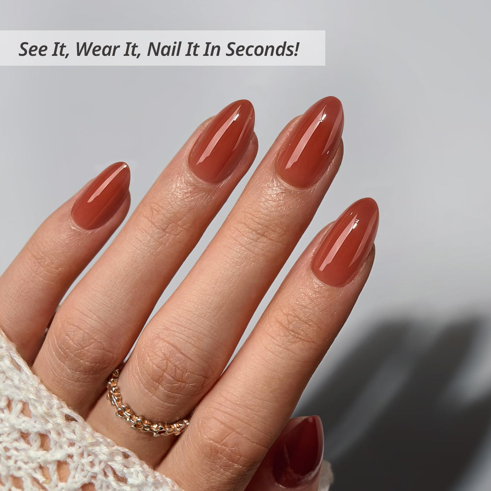BTArtbox press-on nails on hand highlight almond shape and tea hue for quick chic look.
