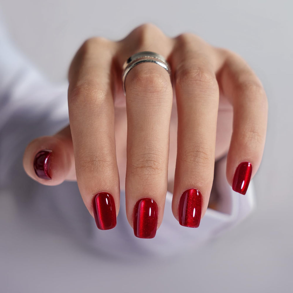 BTArtbox press-on nails red cat-eye square closeup with glossy gel finish for salon-like nails