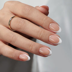BTArtbox short almond nude press on nails close-up for at home salon look.