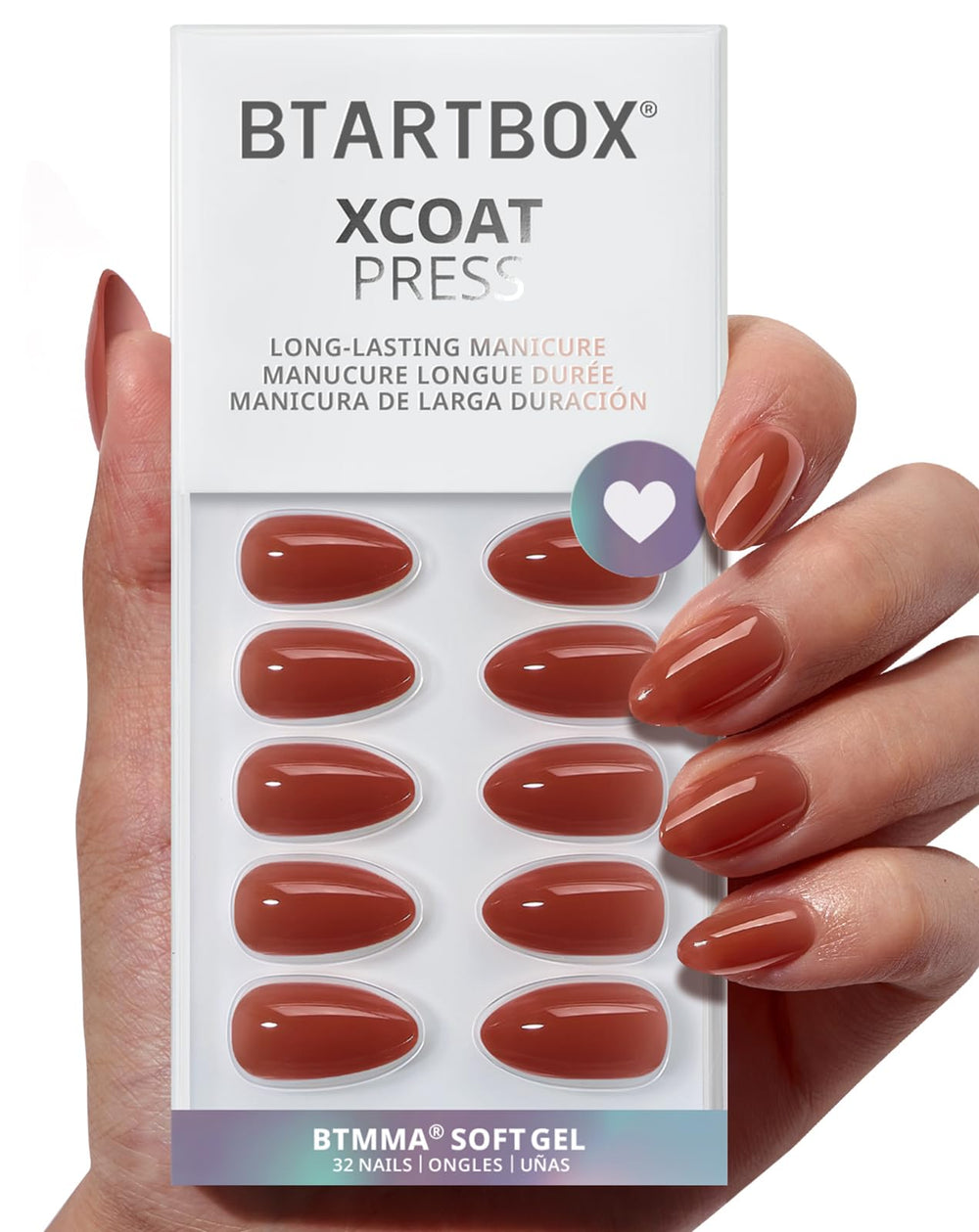 BTArtbox press-on nails short almond tea set closeup shows brown-tea shade for elegant at-home manicure.