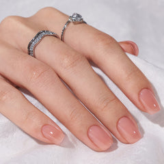 BTArtbox press-on nails short nude square on hand showing natural fit and seamless cuticle line