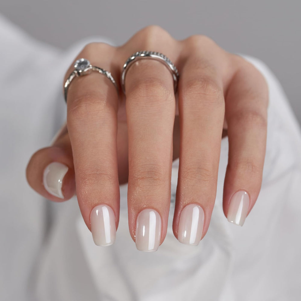 BTArtbox press-on nails show short white soft-gel nails with square chrome tips for salon-like results.