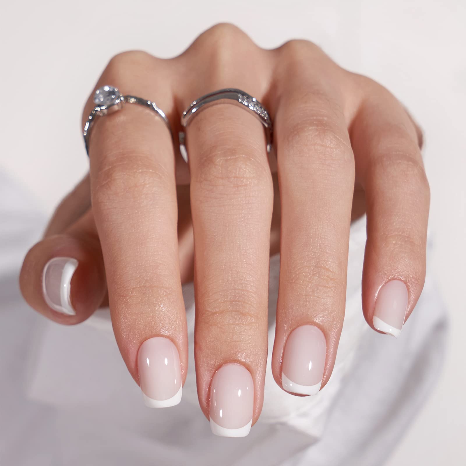BTArtbox press on nails white French tip closeup for wedding-ready, natural-looking fit.