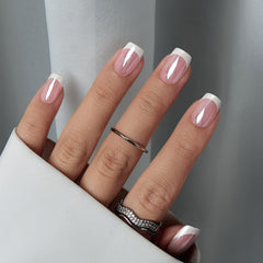 BTArtbox press-on nails white French tip square chrome glaze close-up durable wear