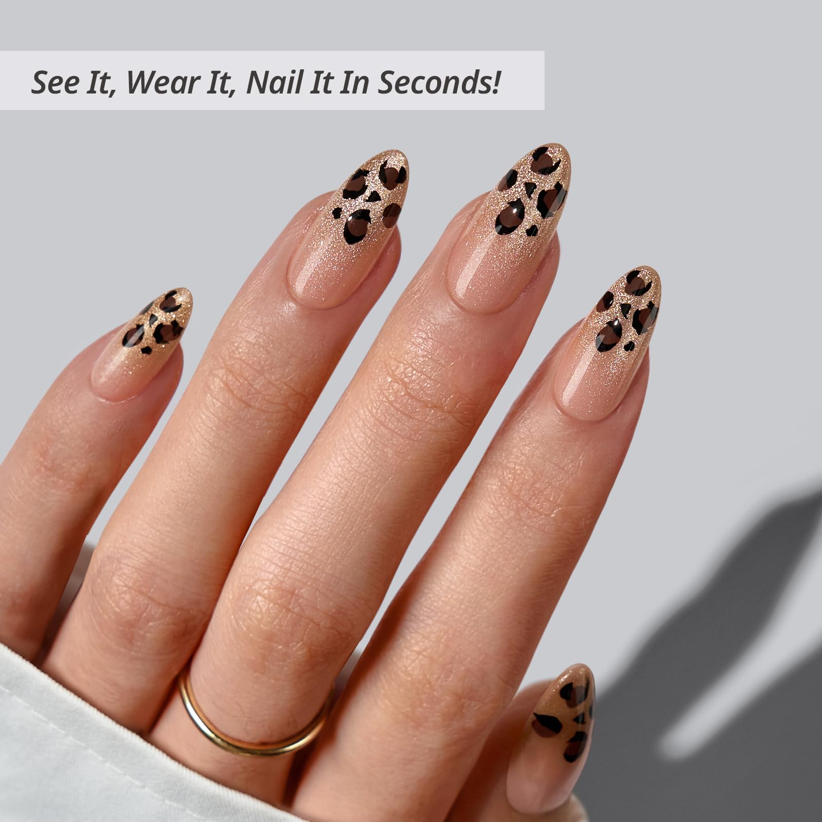 BTArtbox Sparkly leopard medium nails kit shown for at-home manicure with 32 pieces.
