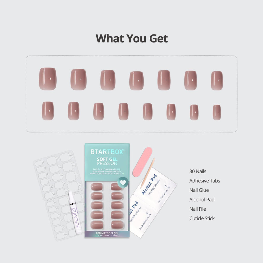 BTArtbox taro nude squoval nails packaging highlights 30-piece kit for a complete set.