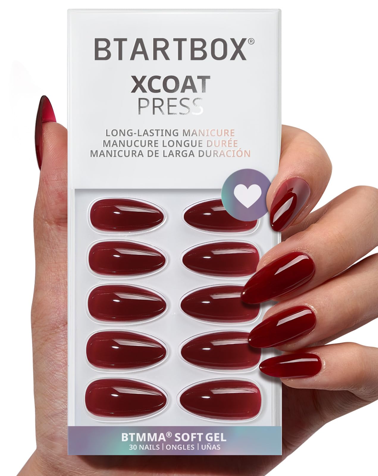 BTArtbox uñas postizas almendra curables con lámpara, tono rojo oscuro para estilo natural