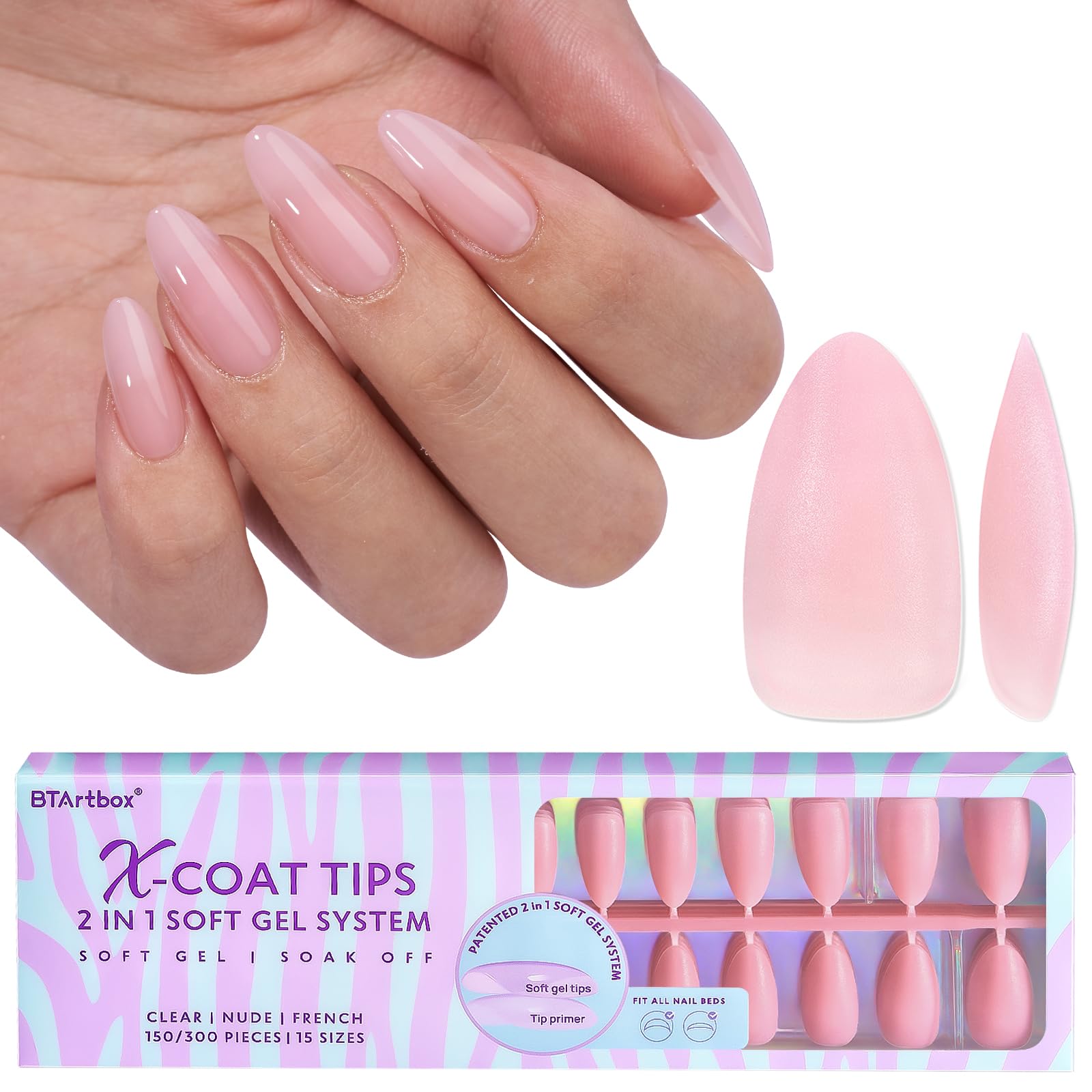 BTArtbox XCOATTIPS matte medium almond nails in pink deliver natural-looking press-on finish