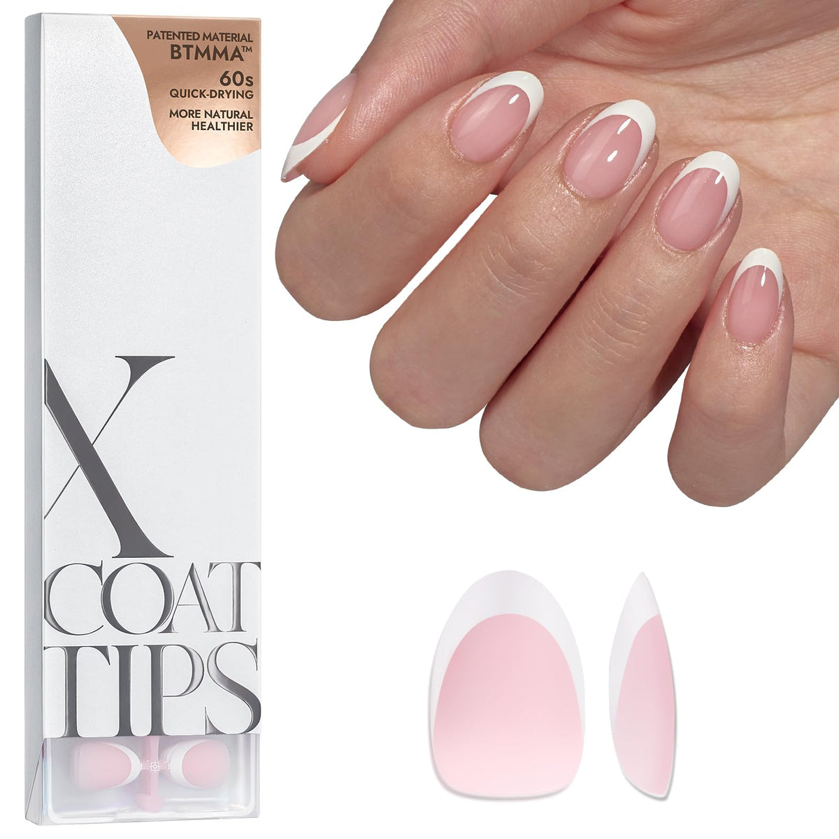 BTArtboxnails French tip press-on nails in pink extra short almond for quick French manicure.