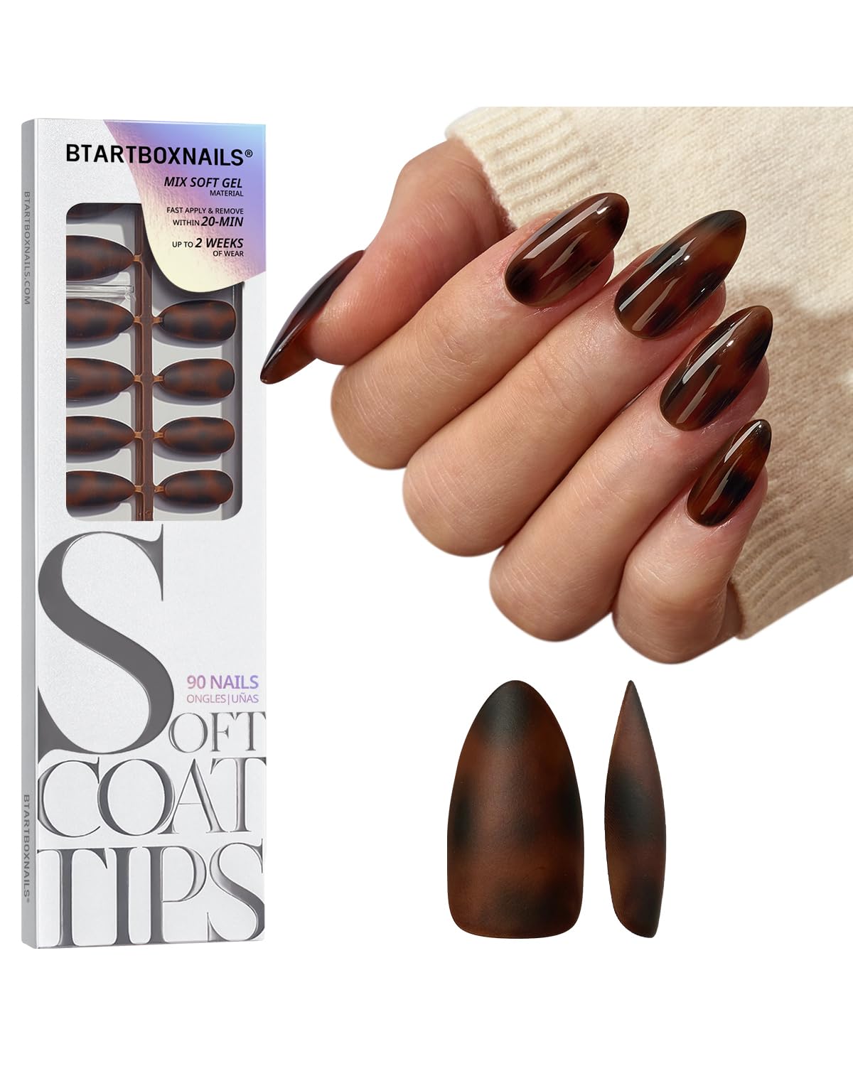 BTArtboxnails SoftCoattips tortoiseshell almond 90pcs set for versatile at-home manicures.