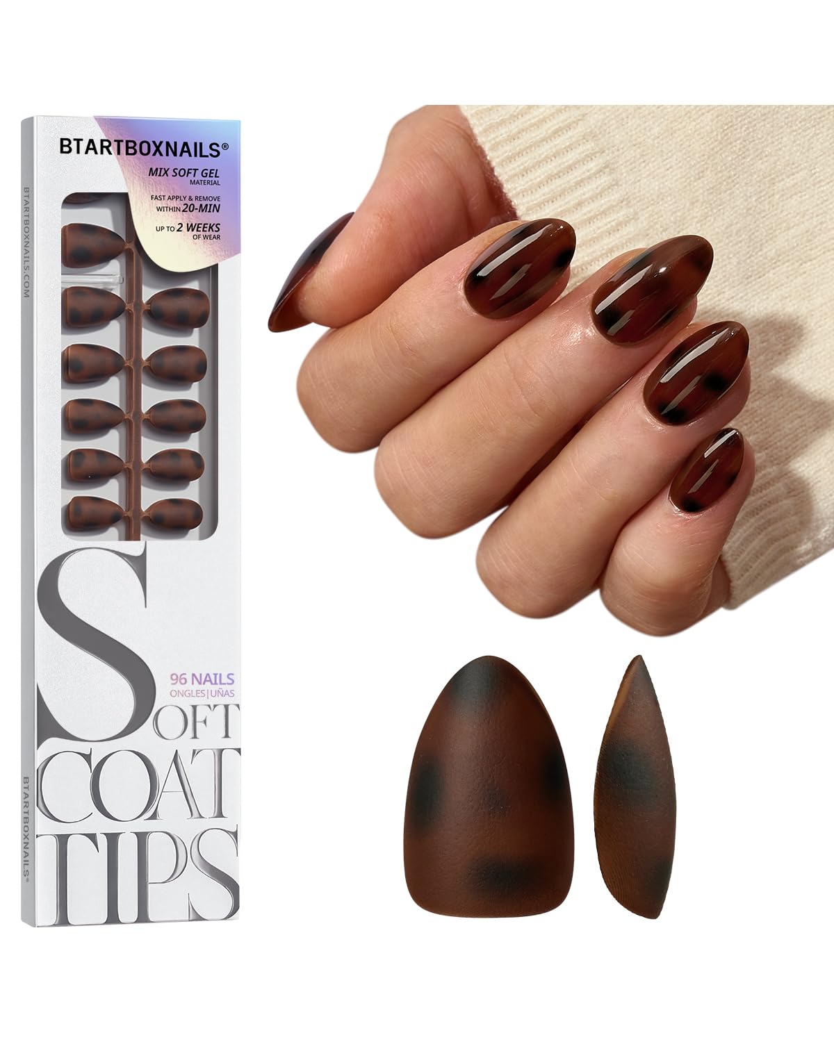 BTArtboxnails SoftCoattips tortoiseshell almond short nails on hand show natural salon-quality finish