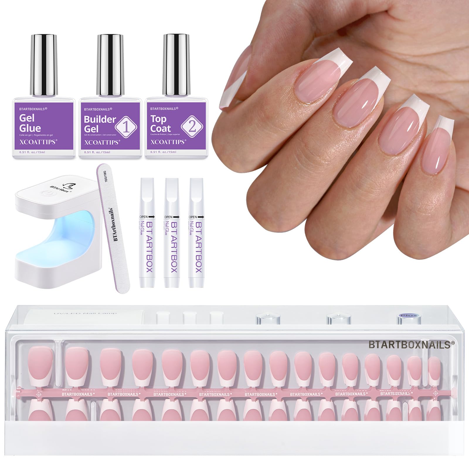 BTArtboxnails XCOATTIPS kit box open shows all-in-one set for easy French manicures.