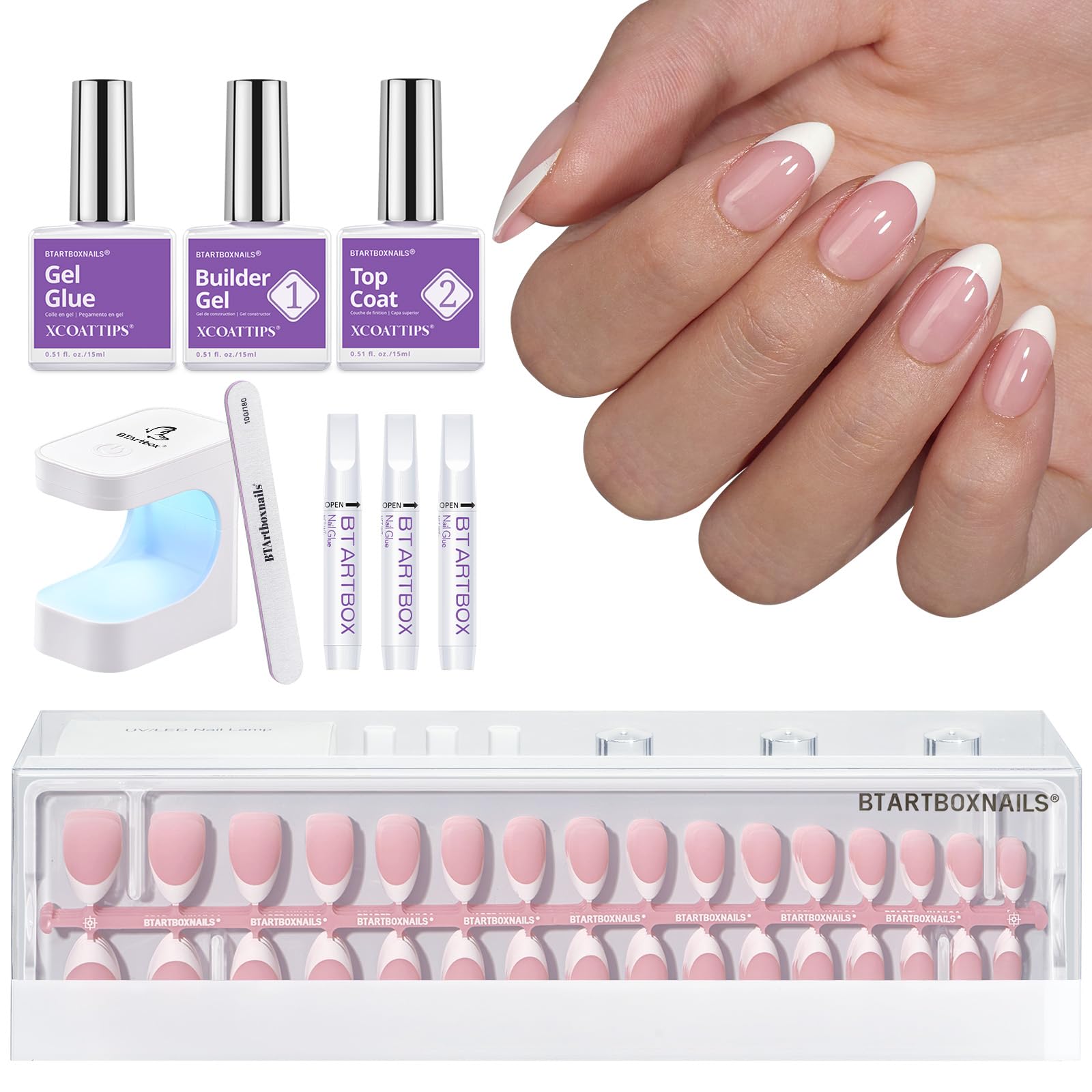 BTArtboxnails XCOATTIPS kit contents laid out for a DIY professional manicure