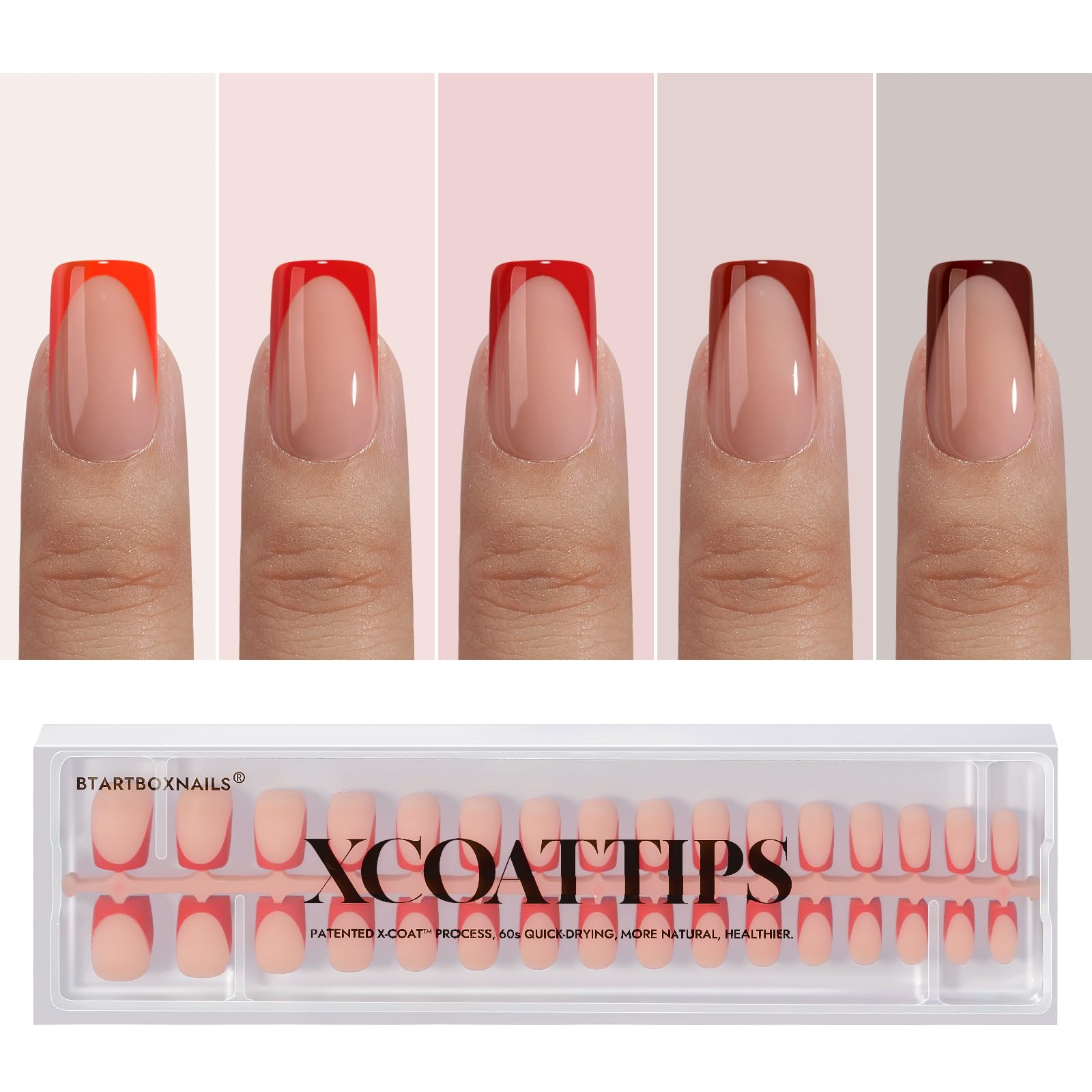 BTArtboxnails XCOATTIPS red French tip nails square for quick salon-like red manicure.