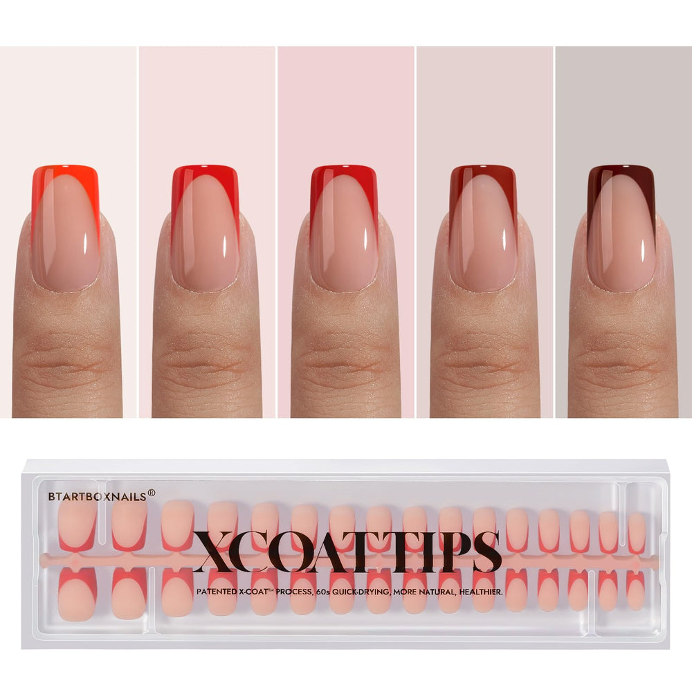 BTArtboxnails XCOATTIPS red French tip nails square for quick salon-like red manicure.