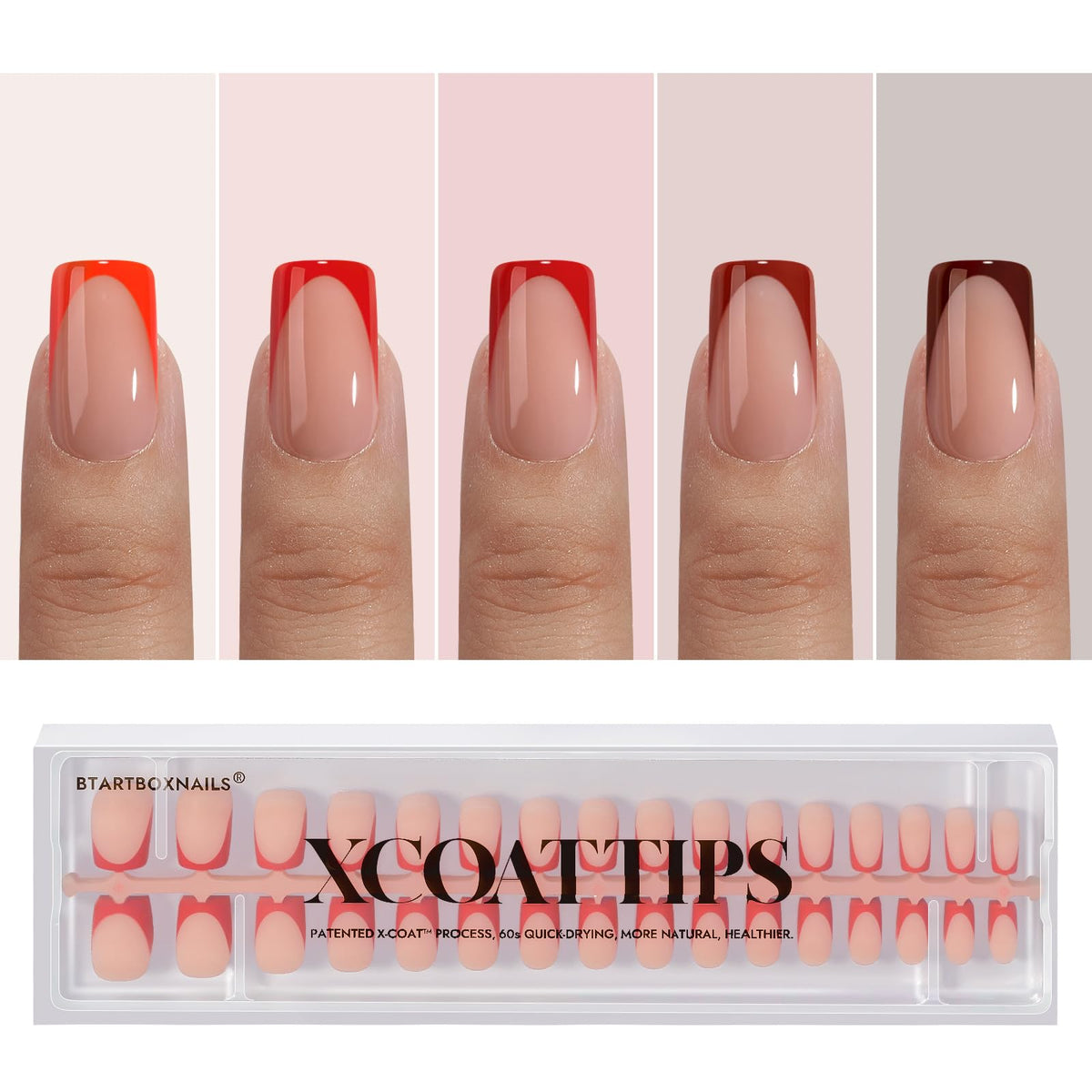 BTArtboxnails XCOATTIPS red French tip nails square for quick salon-like red manicure.