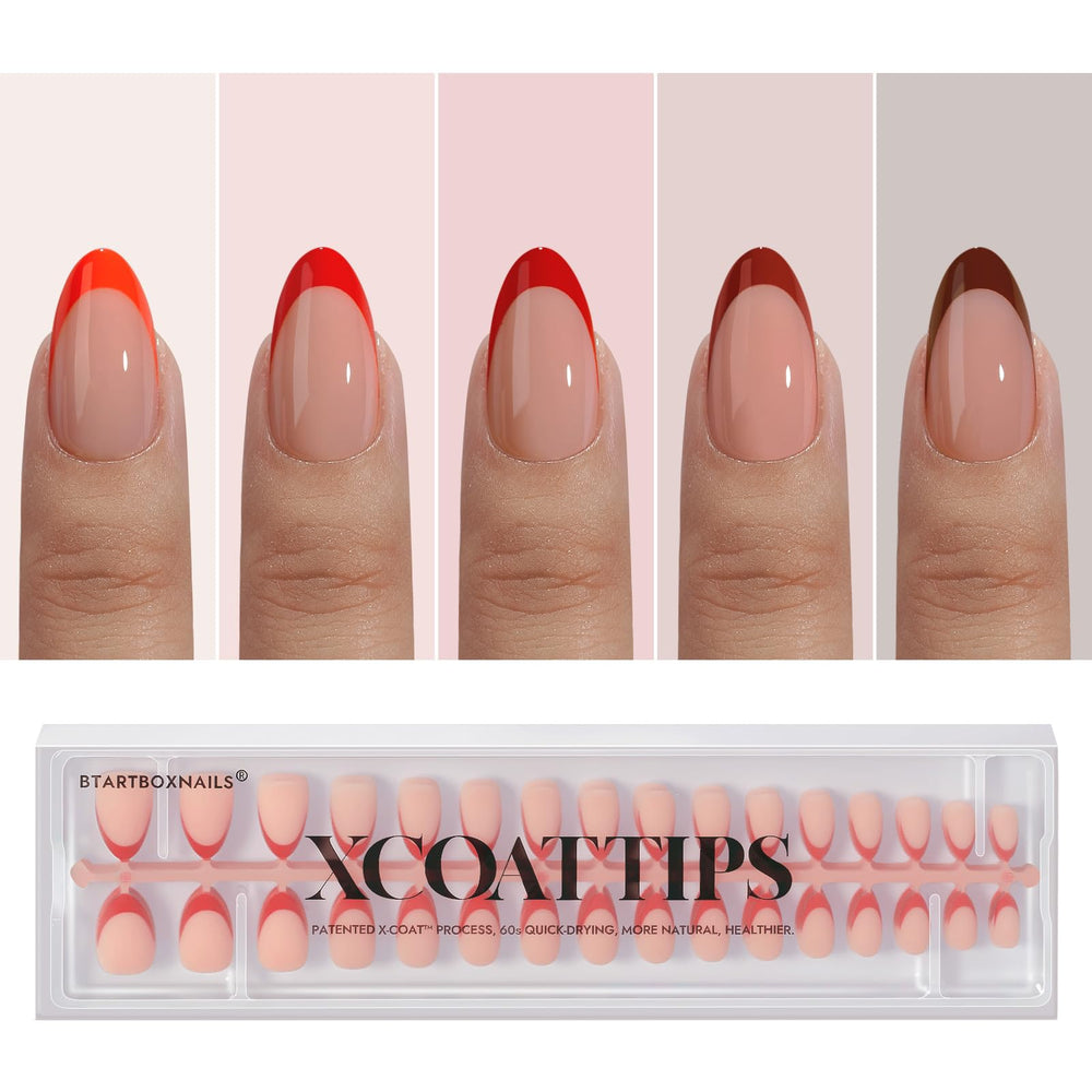 BTArtboxnails XCOATTIPS red french tip nails display a vibrant almond shape for festive manicure versatility.