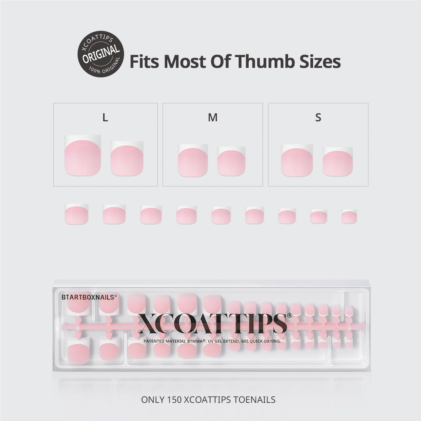BTArtboxnails XCOATTIPS six-size chart shows big toe fit for comfortable wear.