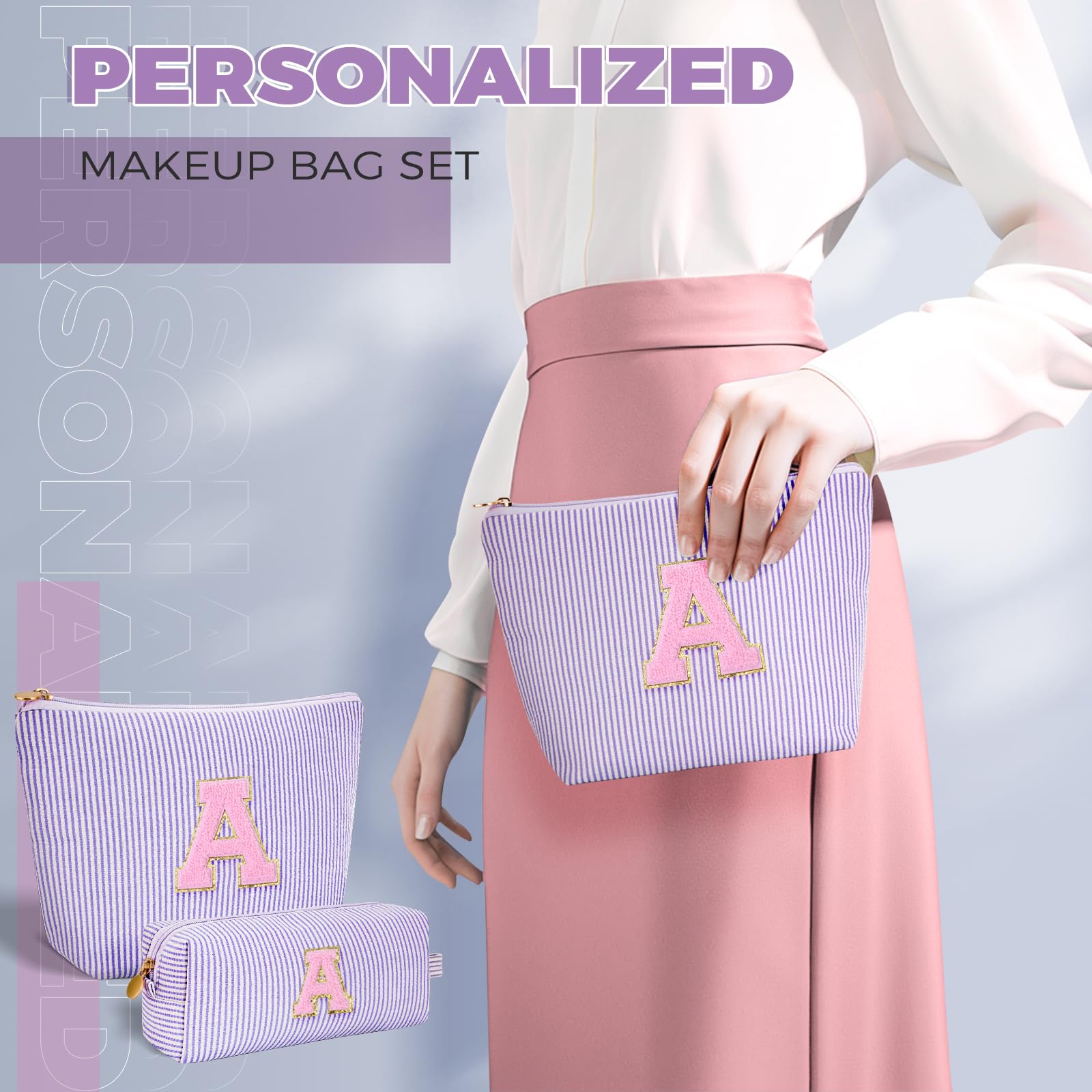 Btffitting lavender zipper detail on the cosmetics bag set highlights durability and smooth glide