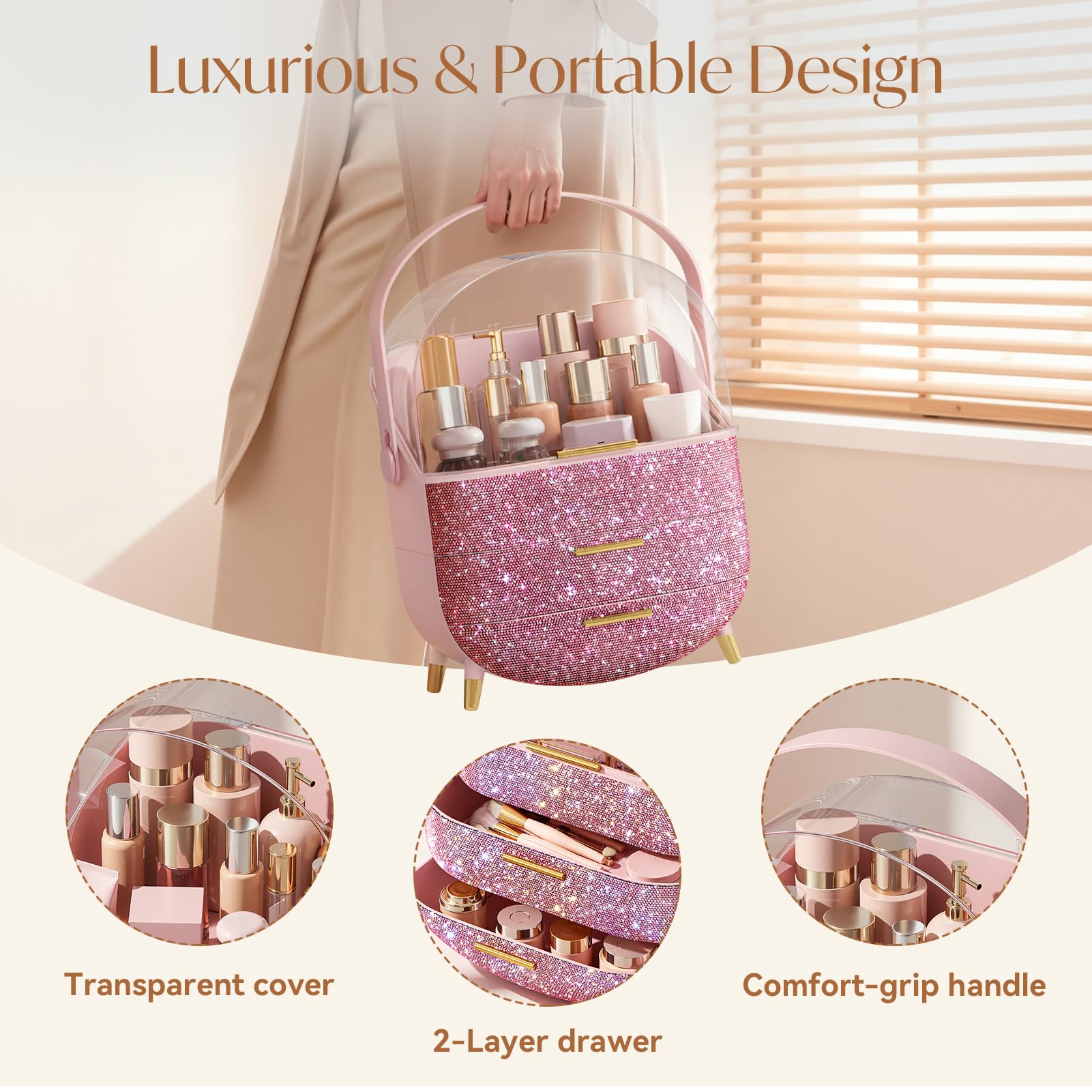 BTGGG Bling makeup organizers travel-ready with secure handle for on-the-go