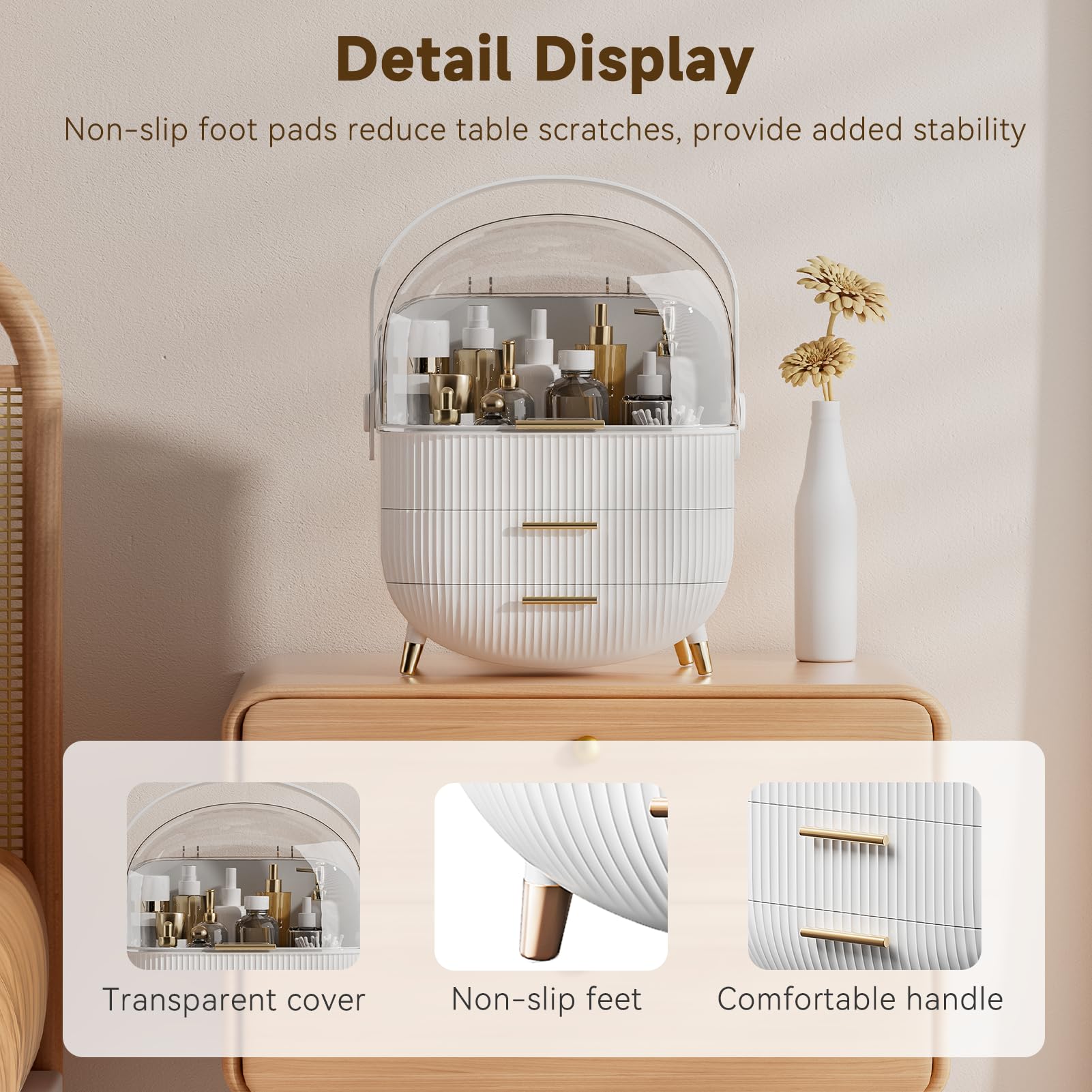 BTGGG makeup organizer anti-slip feet keep it stable on wet counters.
