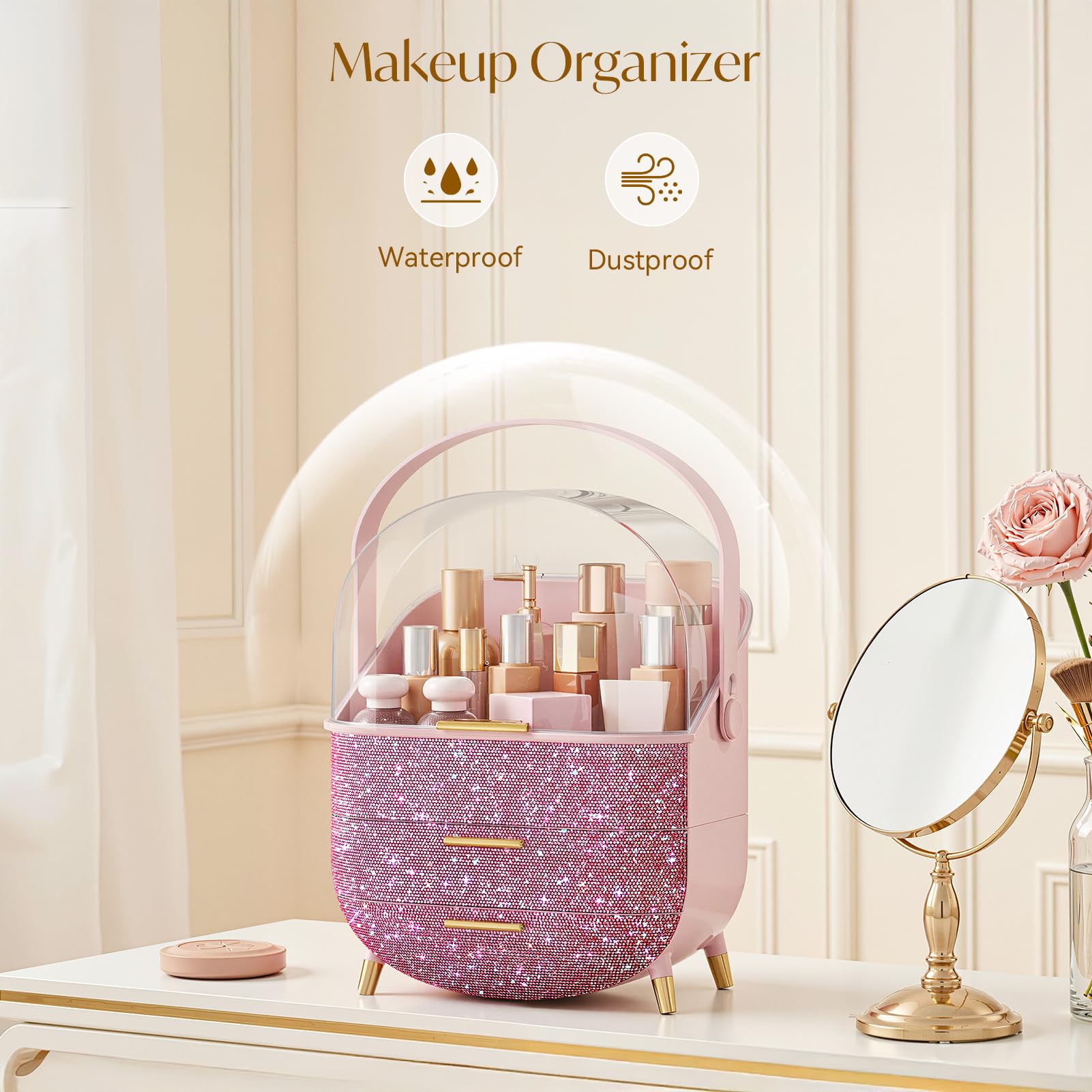 BTGGG Pink Diamond tiered storage drawers organize brushes and palettes efficiently