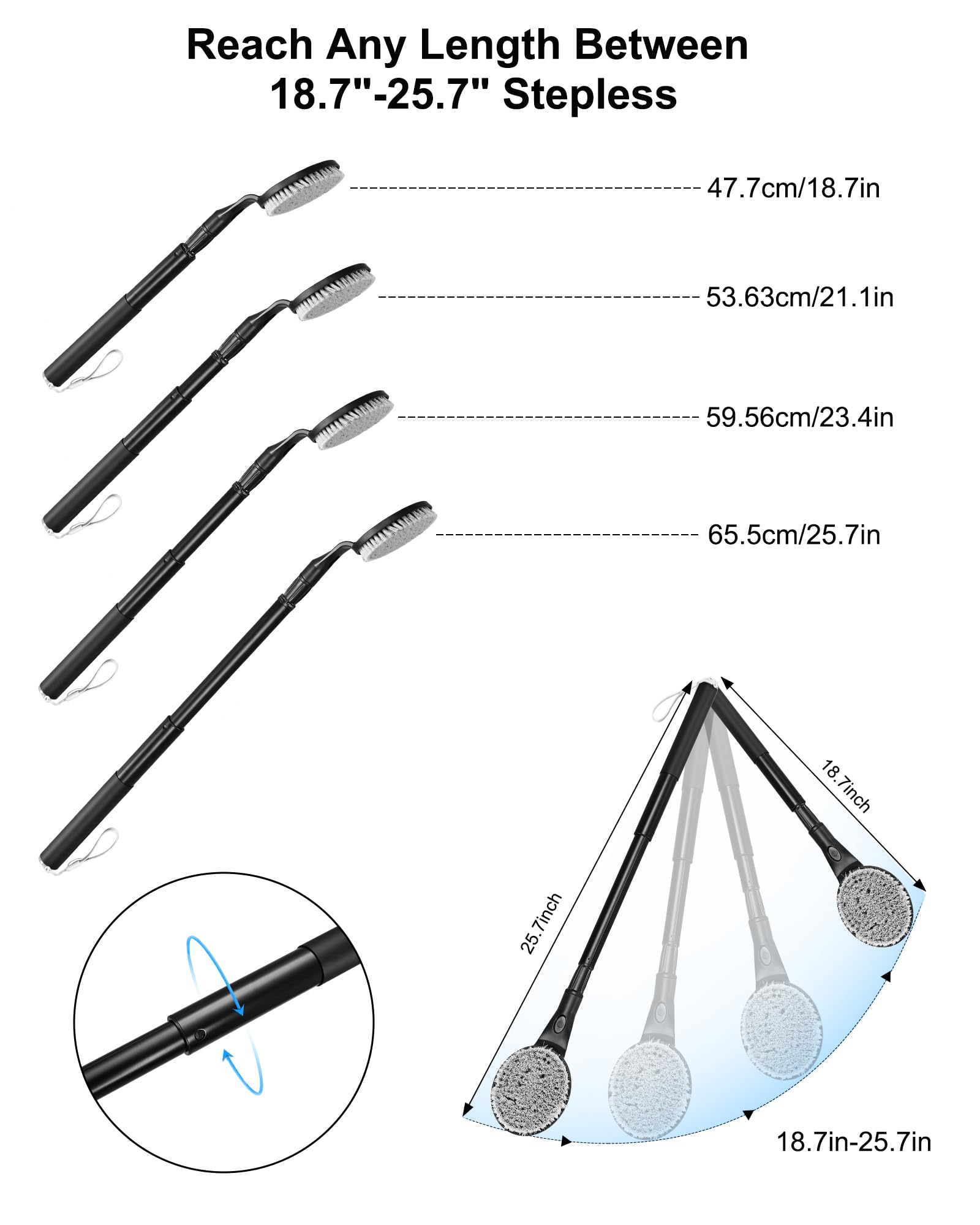 BTideas telescopic back brush shows length adjustment for versatile reach