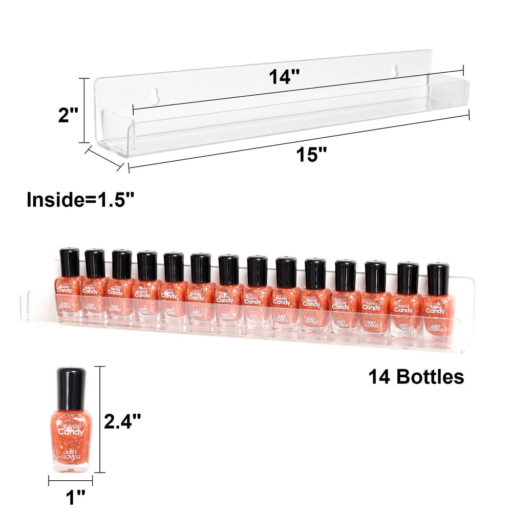 BTremary wall-mounted shelf displaying bottles keeps workspace tidy.