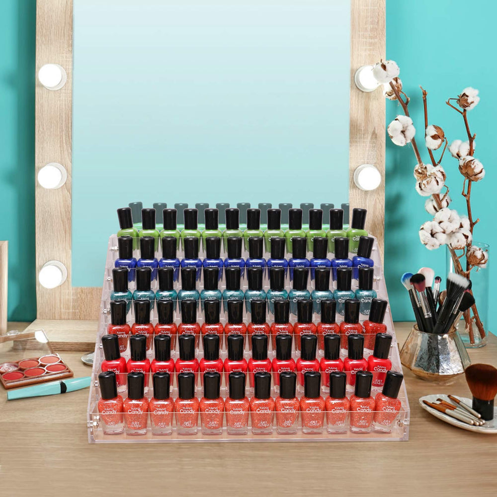 BTremary six-tier acrylic shelf display neatly organizes up to 96 bottles for quick access.